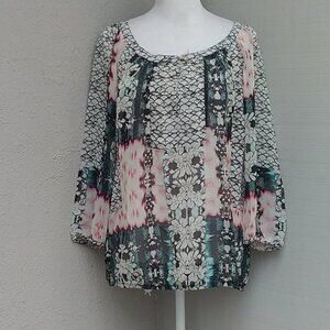 Anthropologie Fig & Flower Women's Blouse Petite Large Sheer Flower Print Boho